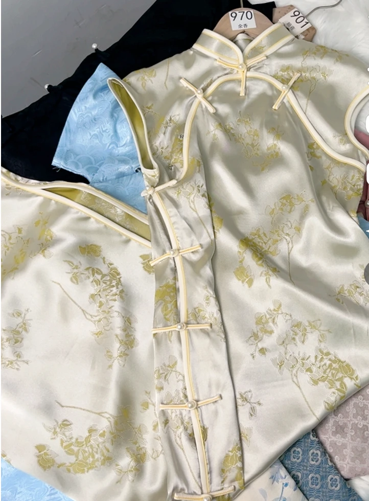 006 余香古法全开襟旗袍气质时尚绿色夏季复古国风日常新中式提花