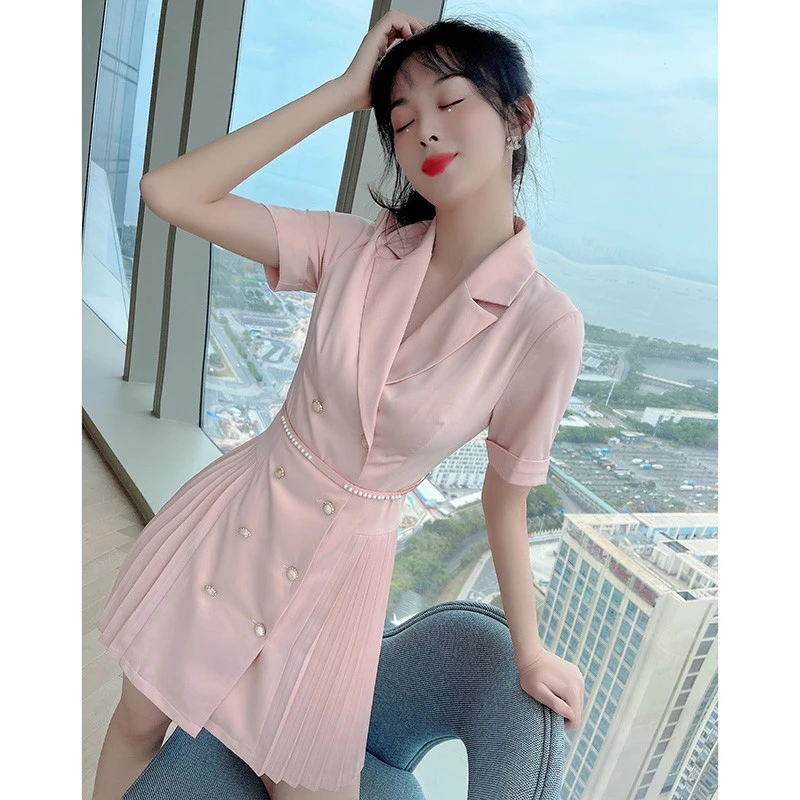 【古蔓诗福利款】653夏季新款气质百褶西装连衣裙