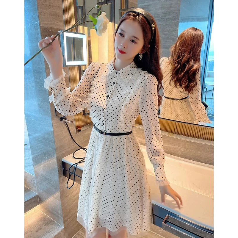 【现货 现货】7543气质收腰显瘦波点连衣裙