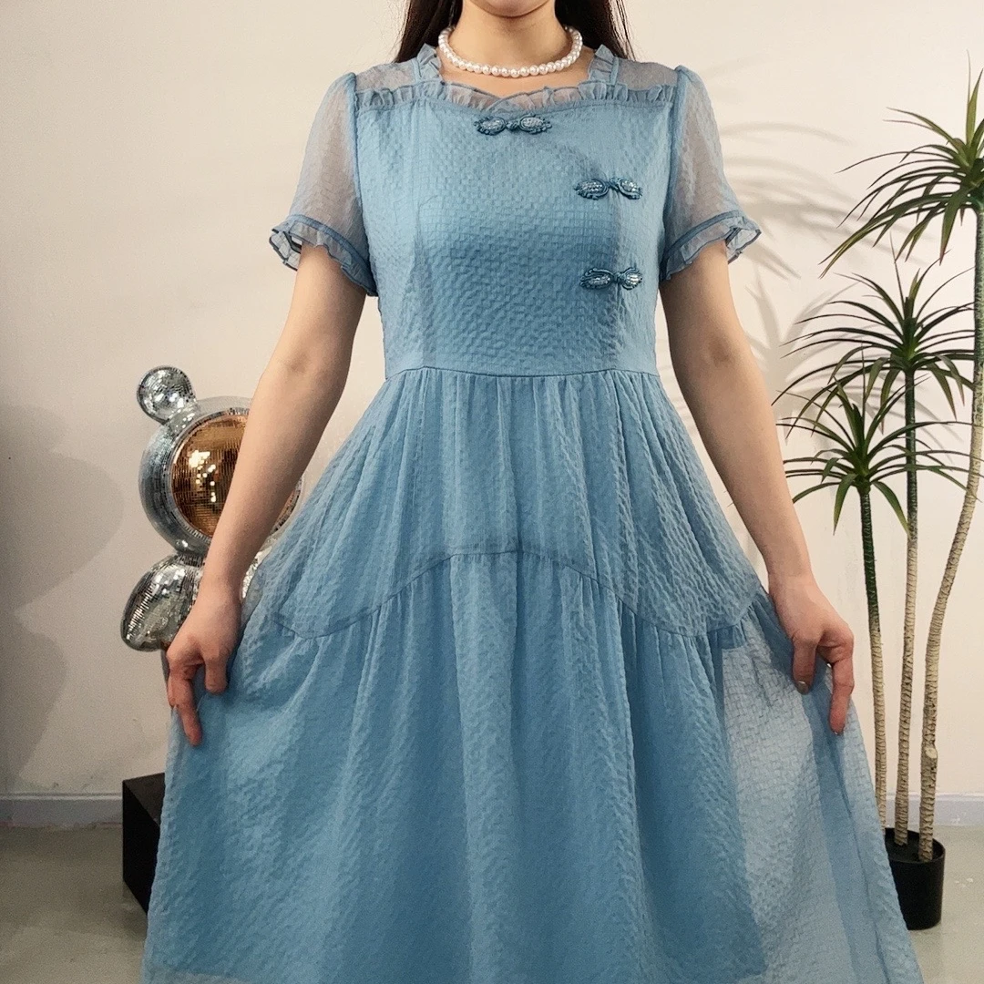 中国风吉祥扣优雅气质显瘦遮肉清新蓝色连衣裙