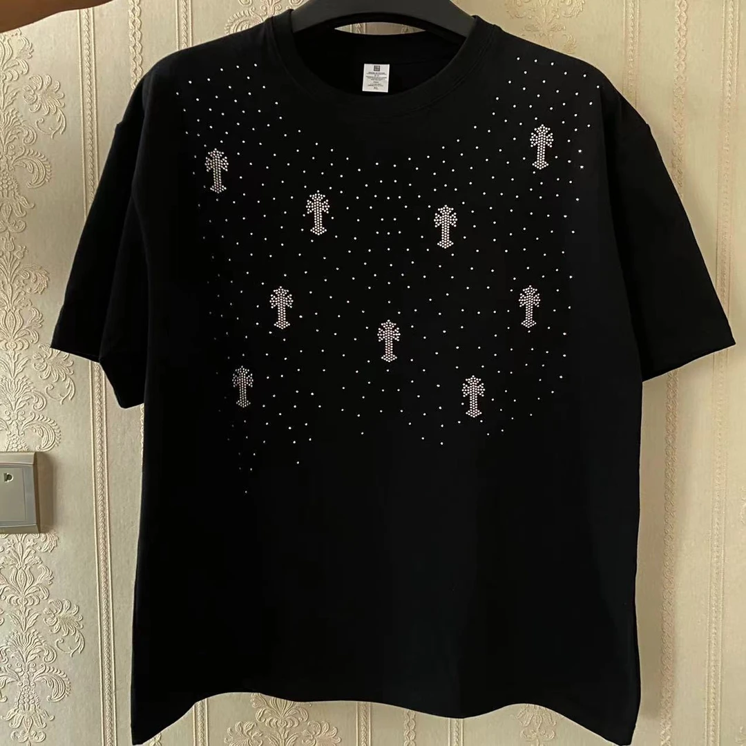潮牌纯棉夏季男士十字架装饰满天星烫钻圆领短袖T恤时尚青年百搭i