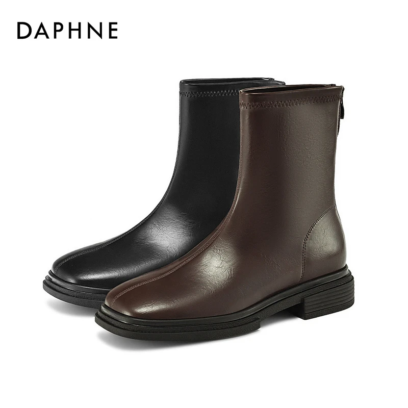 达芙妮女士秋冬款保暖舒适时尚百搭复古英伦风厚底后拉链时装靴