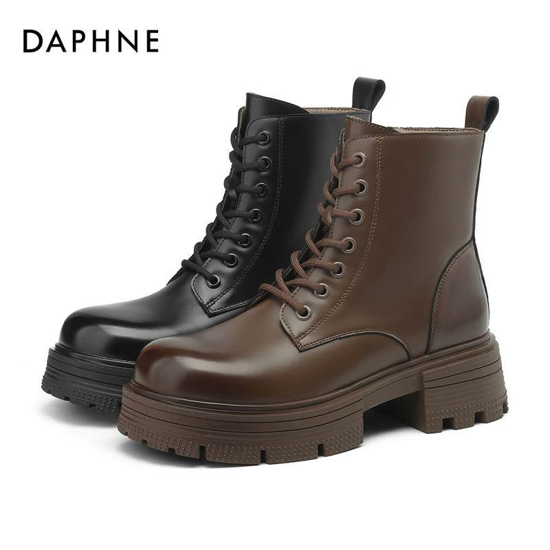 达芙妮女士秋冬款舒适潮流2024复古英伦风圆头粗跟系带时装马丁靴