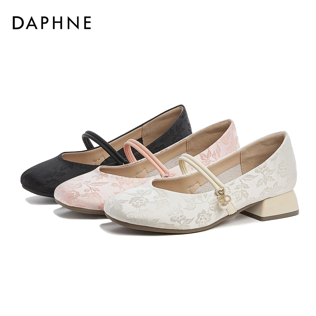 达芙妮时尚软底复古玛丽珍粗跟高跟平底浅口休闲百搭夏季方头单鞋