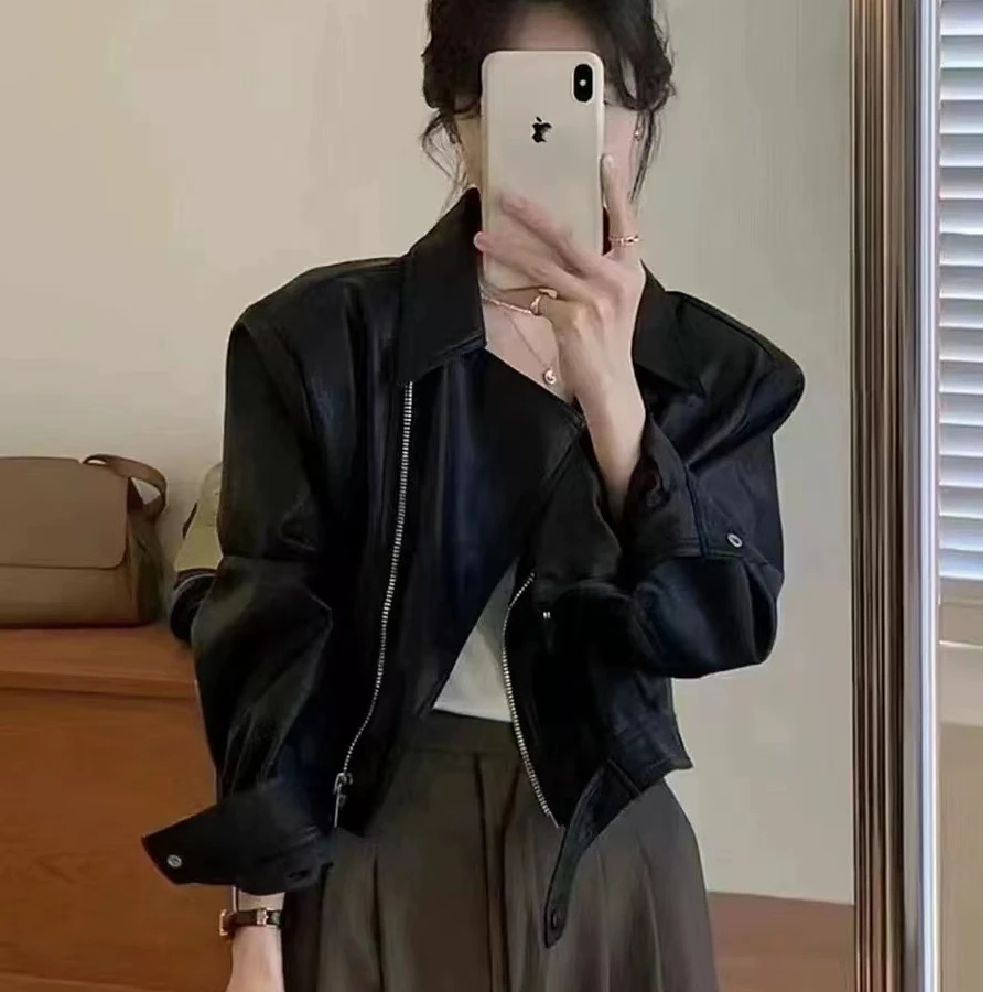 YCH0045春秋短款翻领皮衣夹克 洋气显瘦时尚休闲百搭