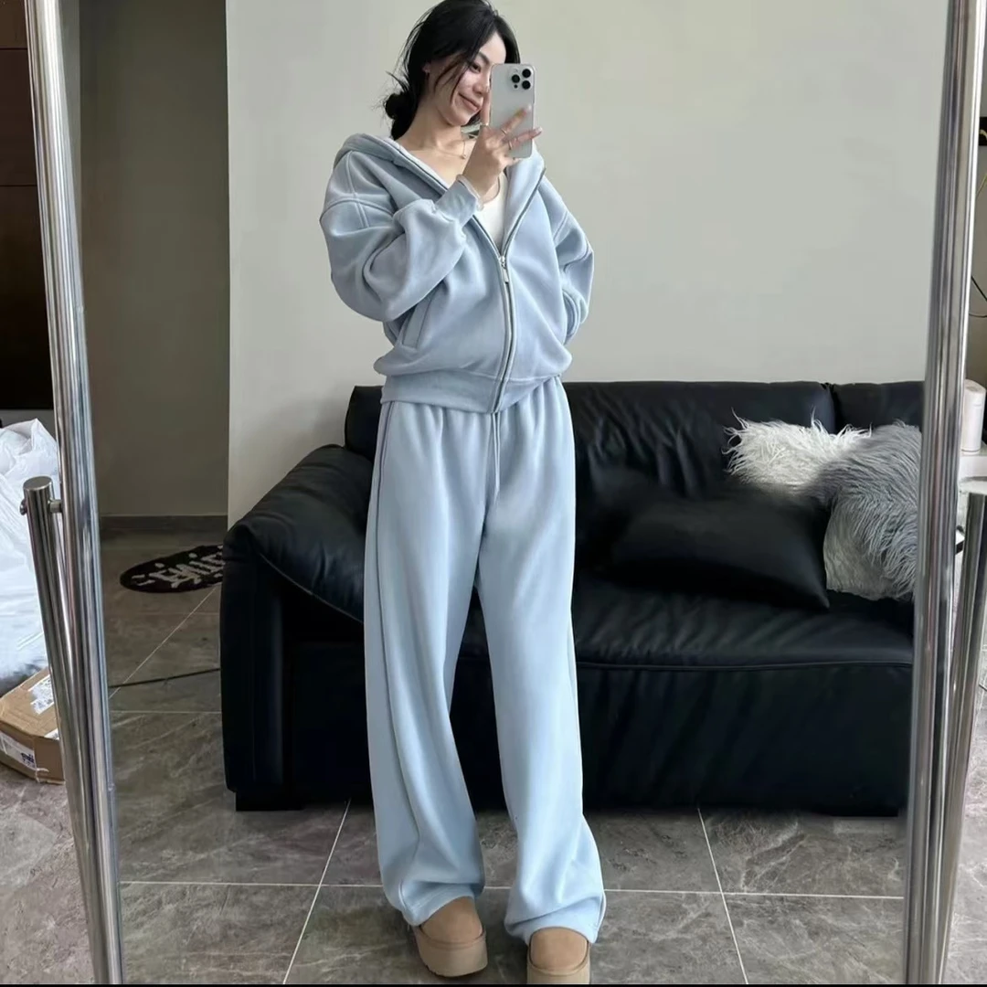 韩系套装长袖连帽开衫加绒加厚外套卫衣气质冬季新款两件套颗粒绒