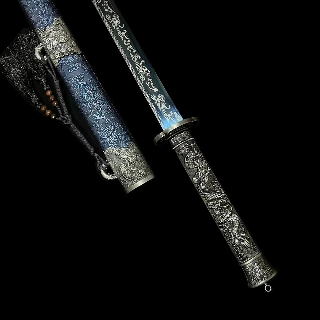 龙影烤蓝唐横刀高锰钢锌合金工艺品摆件龙纹经典未开刃