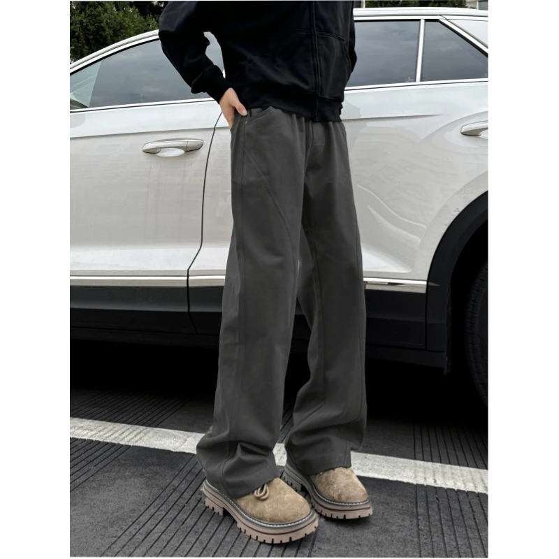 纯棉美式高街弯曲剪裁工装裤男秋季宽松直筒美拉德松紧腰休闲长裤