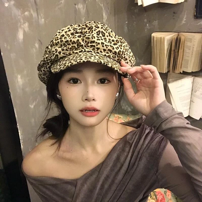 千禧风豹纹贝雷帽子女秋冬复古八角帽大头围云朵画家帽显瘦报童帽