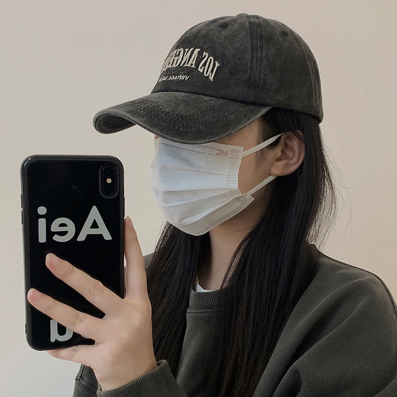 水洗做旧牛仔棒球帽女秋冬季美式大头围鸭舌帽灰色显脸小帽子ins