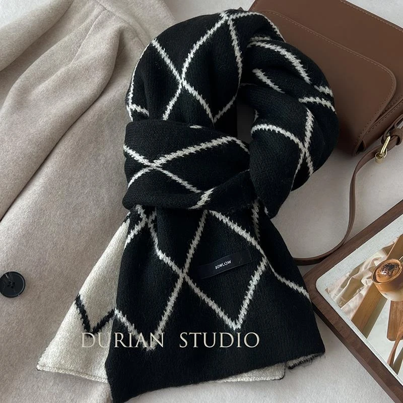 小香风菱格纹双面针织围巾女冬季加厚含羊毛针织围脖日系百搭复古
