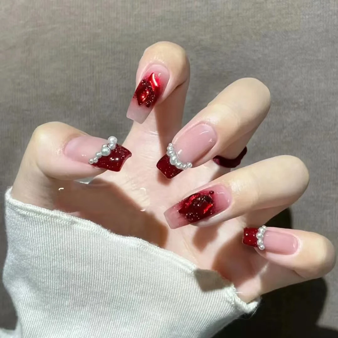【绯红女郎】手工定制秋冬超显白光疗穿戴甲红色新年战甲美甲