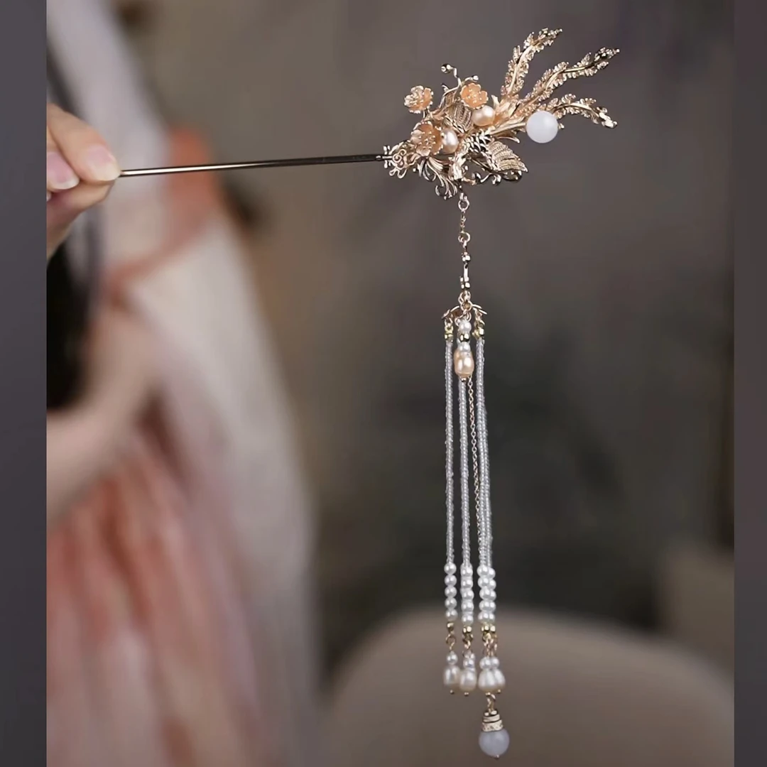 花小烟【凤衔珠】纯铜保色贝珠可拆卸流苏发簪 百搭古风汉服配饰