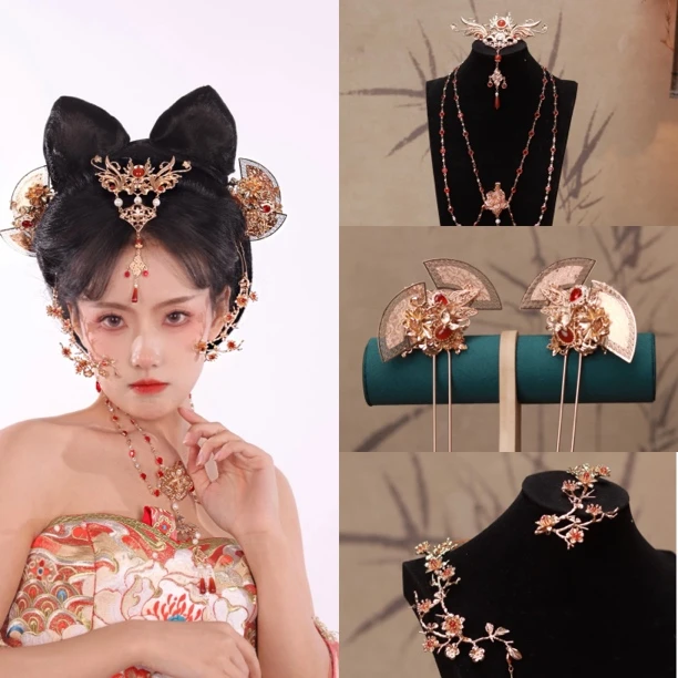 花小烟【琼枝】国风大典柒柒同款原创套装纯铜红色锆石汉服古风配饰