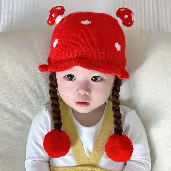 婴幼儿宝宝针织帽可爱超萌假发帽冬季护耳毛线帽婴幼儿保暖女宝