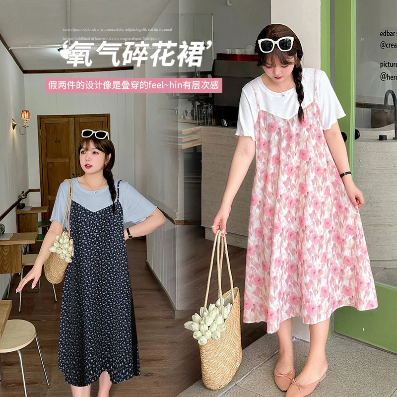 遮肉碎花裙假两件吊带连衣裙大肚子A版夏季薄款显瘦甜美中长裙