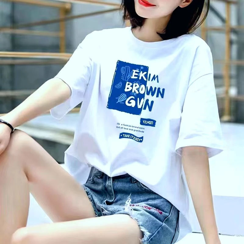 2024新款休闲百搭圆领情侣春夏潮流简约棉T恤半袖男女同款-蓝色EK