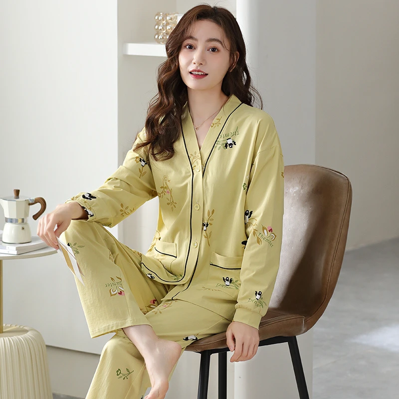 2023年新款开衫V领初春睡衣女春秋款棉长袖韩版时尚家居服套装