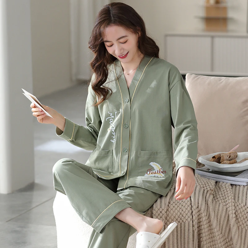 睡衣女春秋季2023款棉质双面料日系和服领开衫居家女服套装可外穿