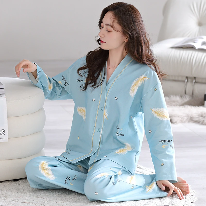 睡衣女春秋季棉长袖套装休闲棉质妈妈加大码宽松薄款可外穿家居服