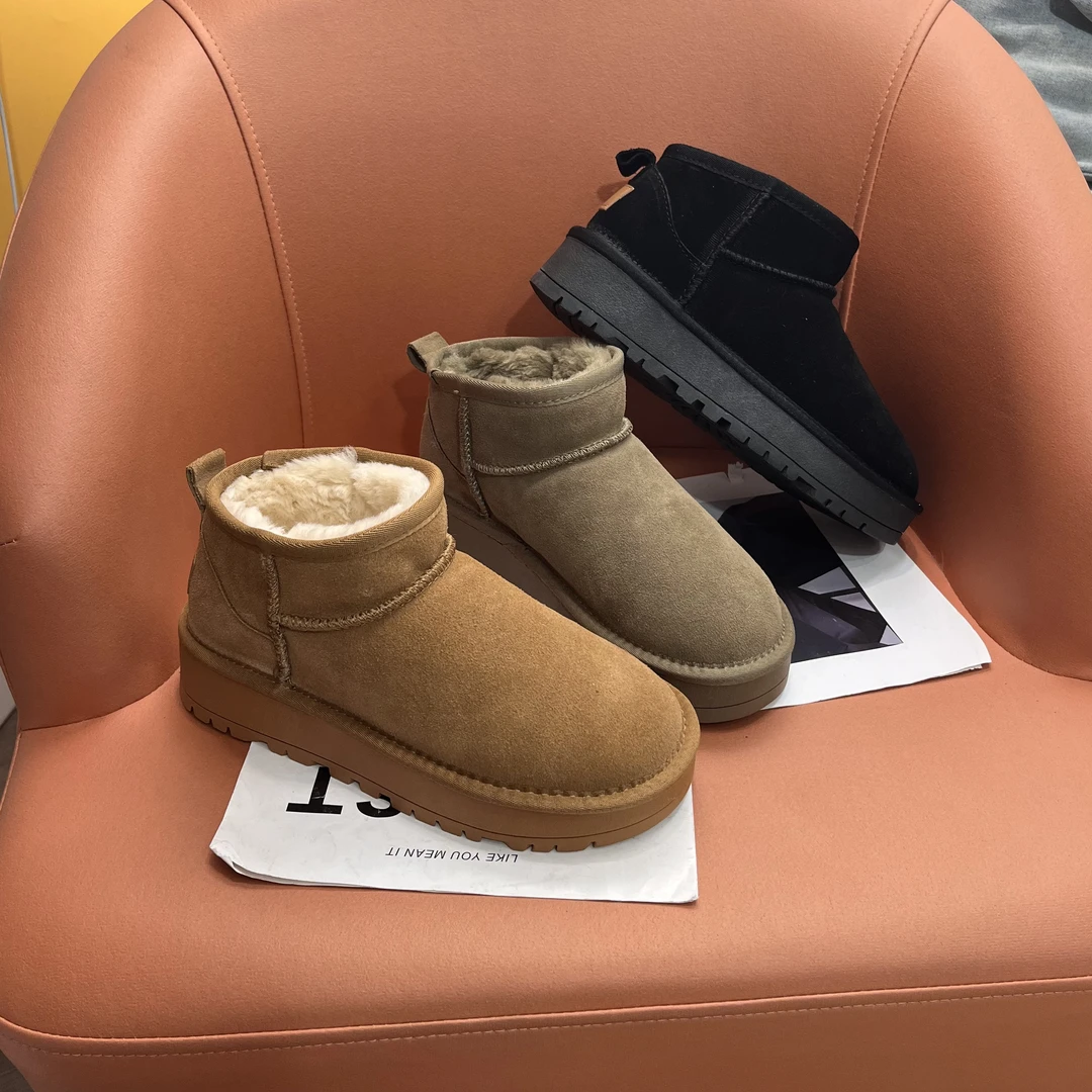 厚底真皮雪地靴女鞋2024秋冬新款加绒加厚保暖短靴时尚百搭棉靴