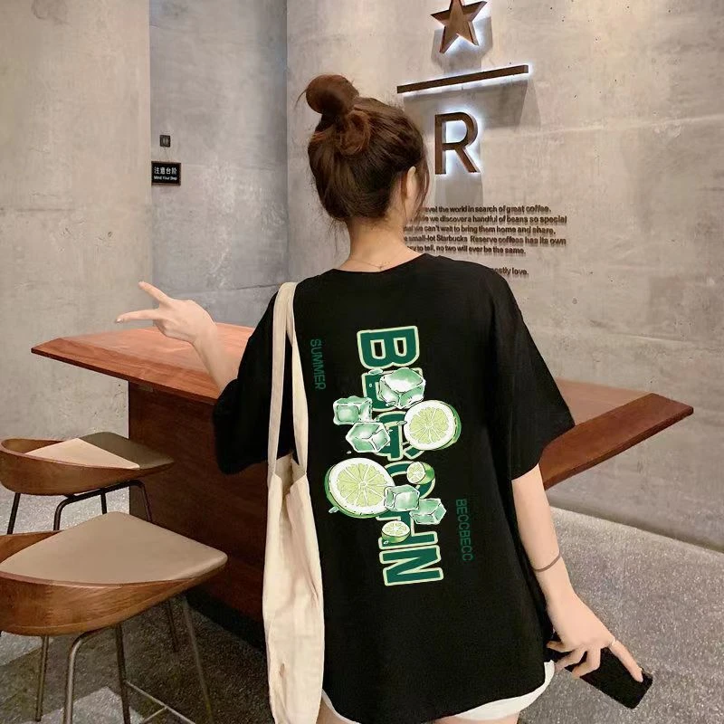 新款春夏百搭圆领休闲ins印花纯棉设计感字母甜美图案大码半袖