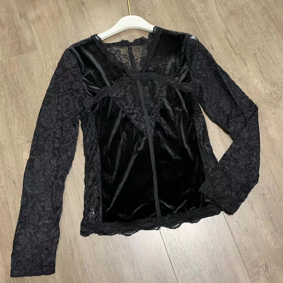 （现货）2025新款丝绒拼蕾丝长袖打底衫111