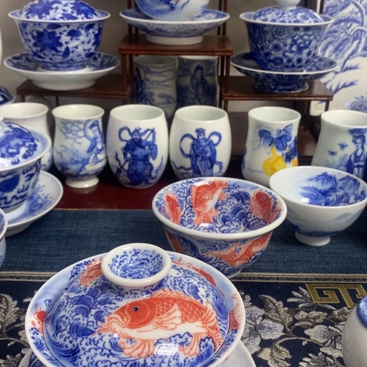玖*陶瓷青花鱼三才盖碗