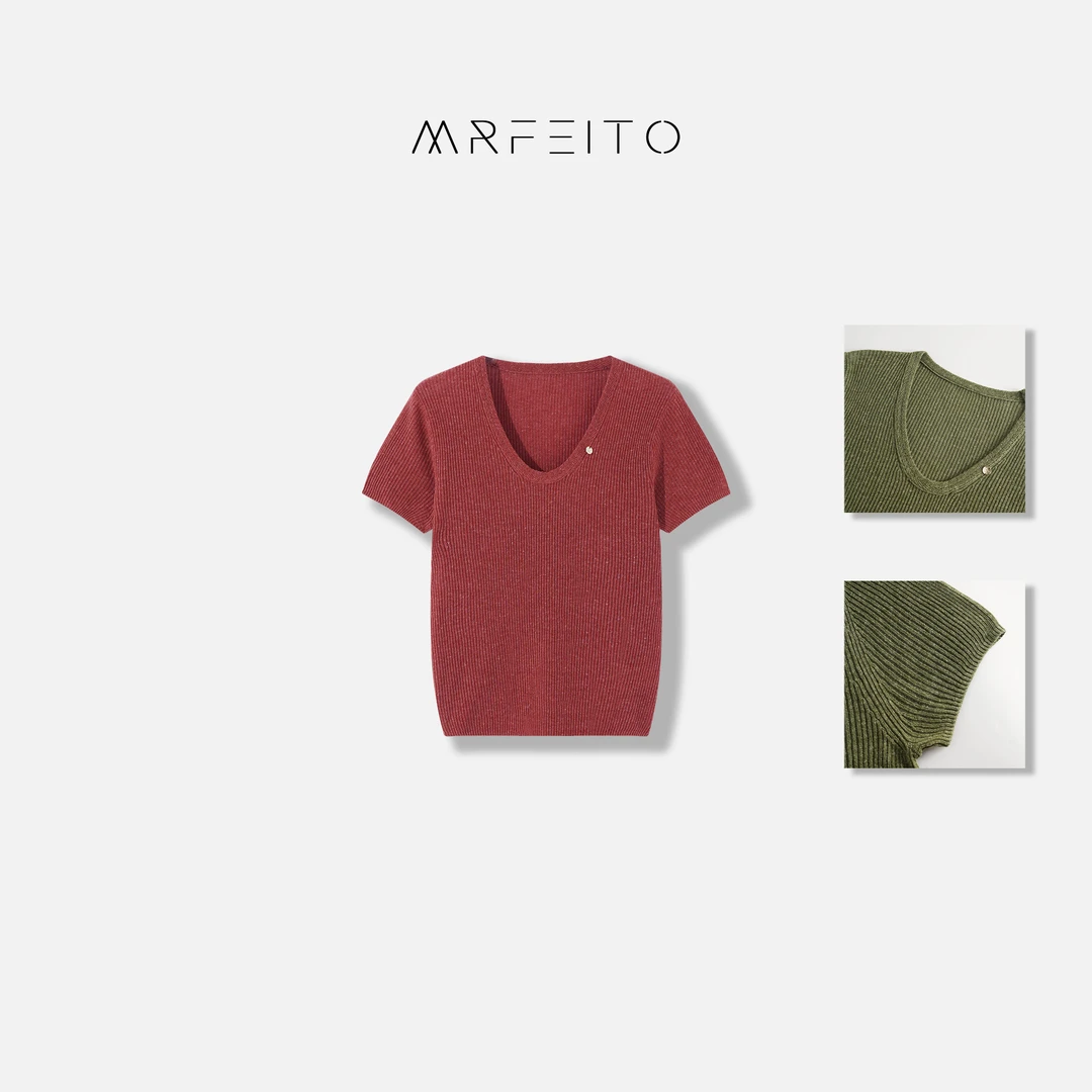 MRFEITO“薄荷曼波”法式休闲U领纯色女士针织衫H661M01C24603