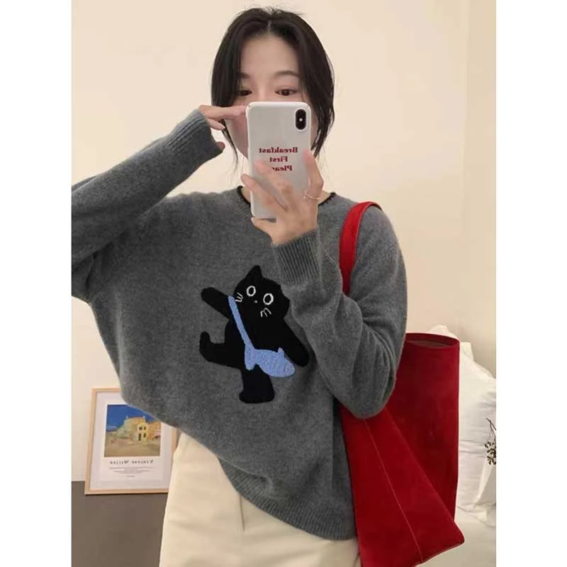 68#秋冬加厚针织长袖套头毛衣提花小猫时尚百搭休闲宽松圆领上衣