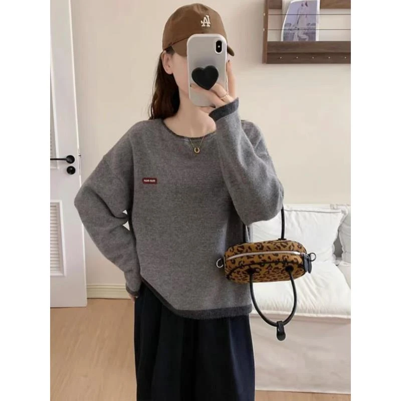 102#2024秋冬新款加厚保暖针织长袖领口撞色时尚百搭柔软亲肤毛衣