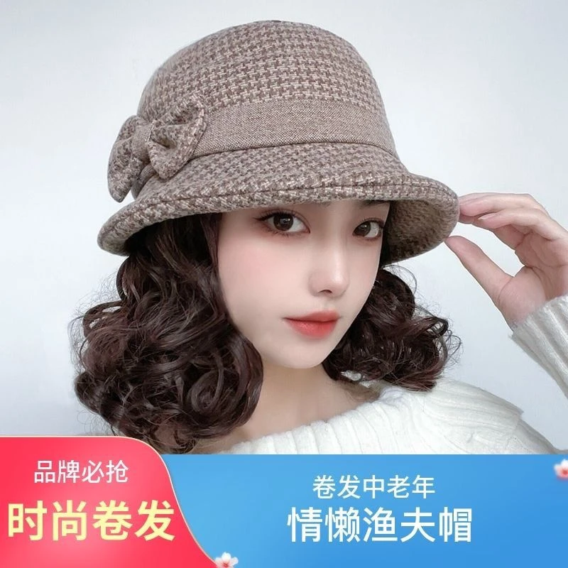 【高质量款】假发一体渔夫帽格子毛呢礼帽短卷发时尚盆帽百搭妈妈