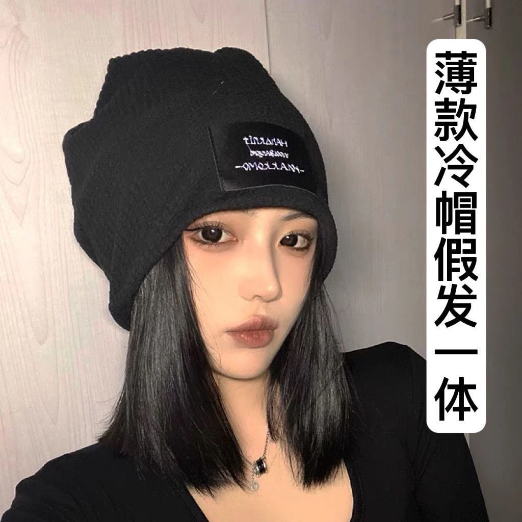 2022时尚薄款假发帽子一体短直发化疗堆堆冷帽潮网红个性包头帽女