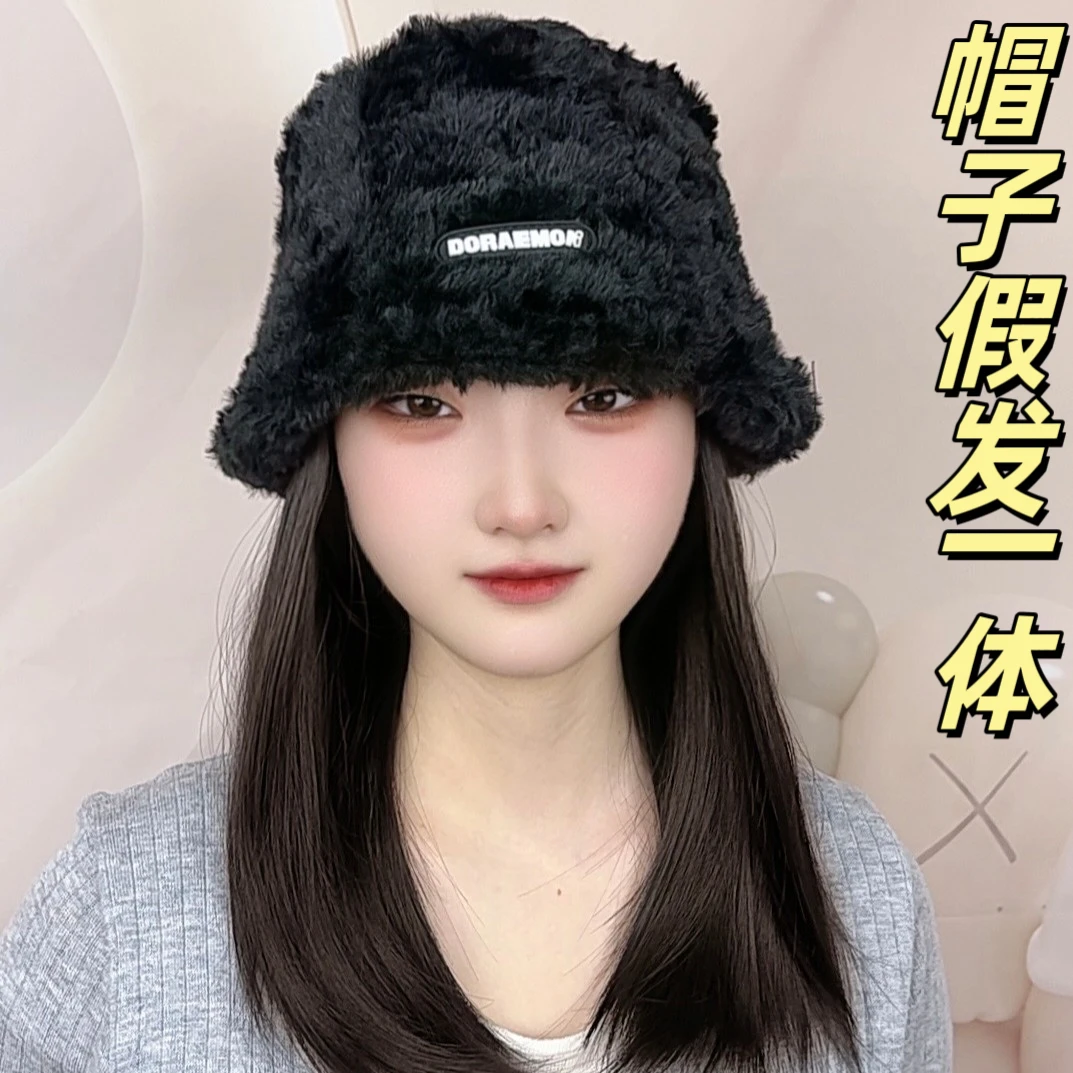 假发气质一体女新款秋冬时尚羊羔绒网红渔夫帽百搭短发内扣发盆帽