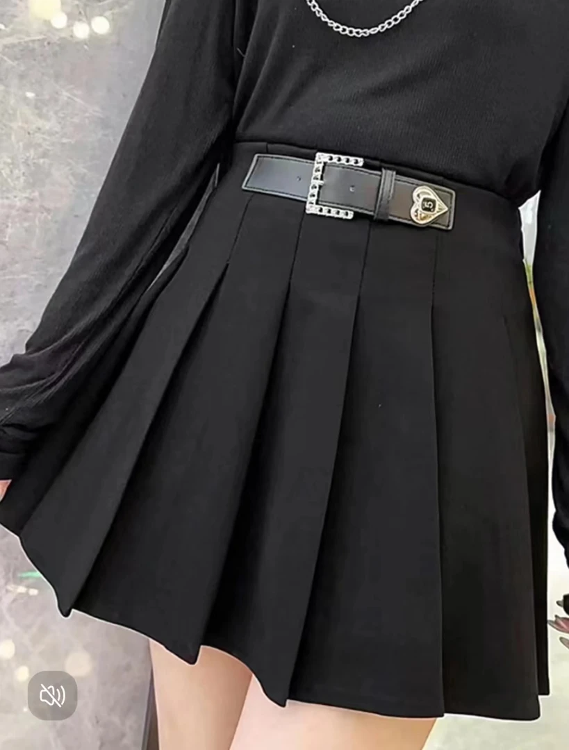 辣妹百褶短裙秋季新款高腰显瘦港味设计感皮带大码A字半身裙