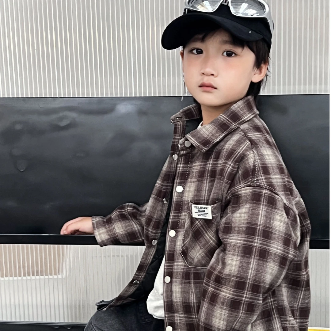 儿童2024冬款御寒保暖时尚翻领加厚加棉韩版男童衬衫