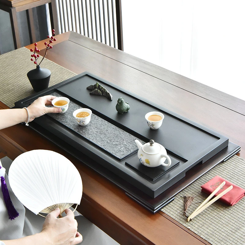 天然乌金石茶盘石头茶海茶台石材大号石茶盘排水简约带木脚
