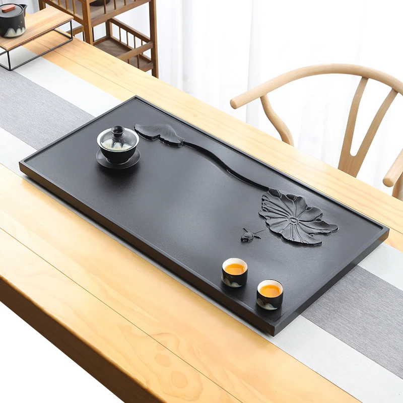 天然乌金石茶盘功夫茶台盘浮雕现代客厅家用石茶盘托盘整块石茶台