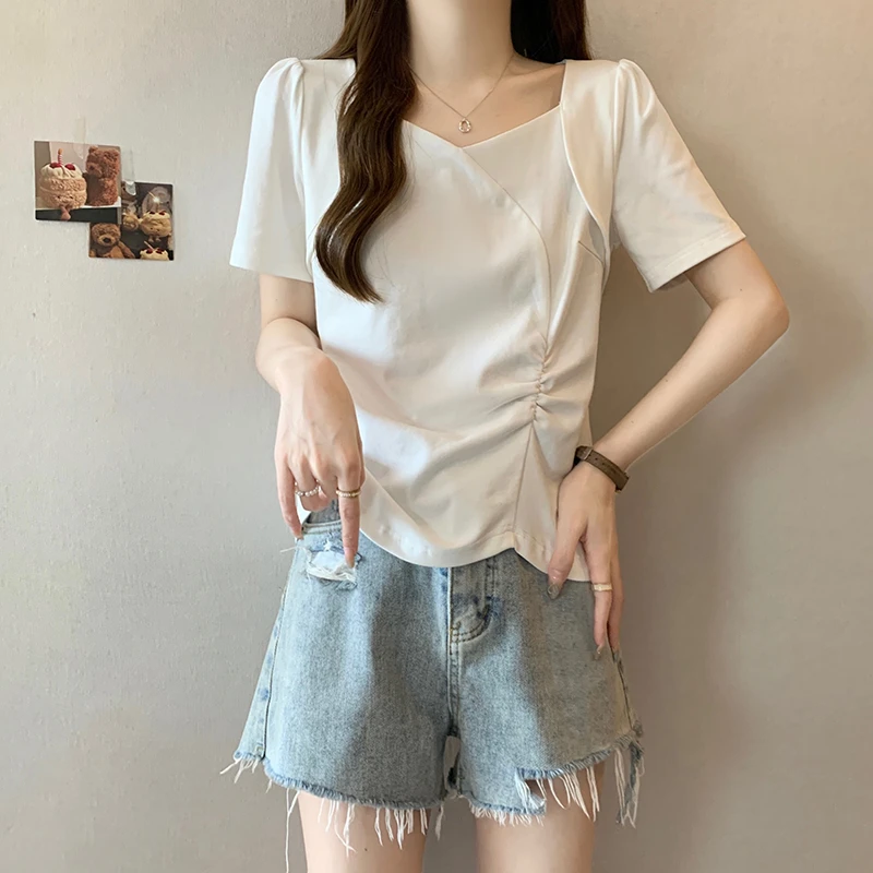 AFONE2024夏装新款胖mm大码女气质显瘦设计感遮肉不规则短袖T恤