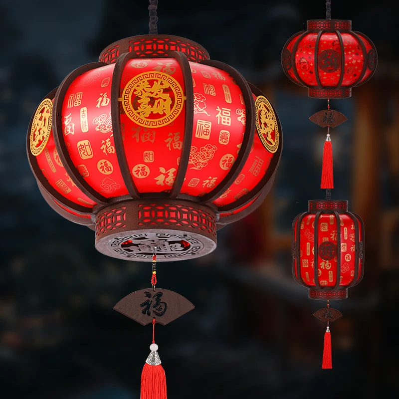 春节红灯笼高档木制仿羊皮灯片结婚乔迁大门口阳台旋转中国风宫灯