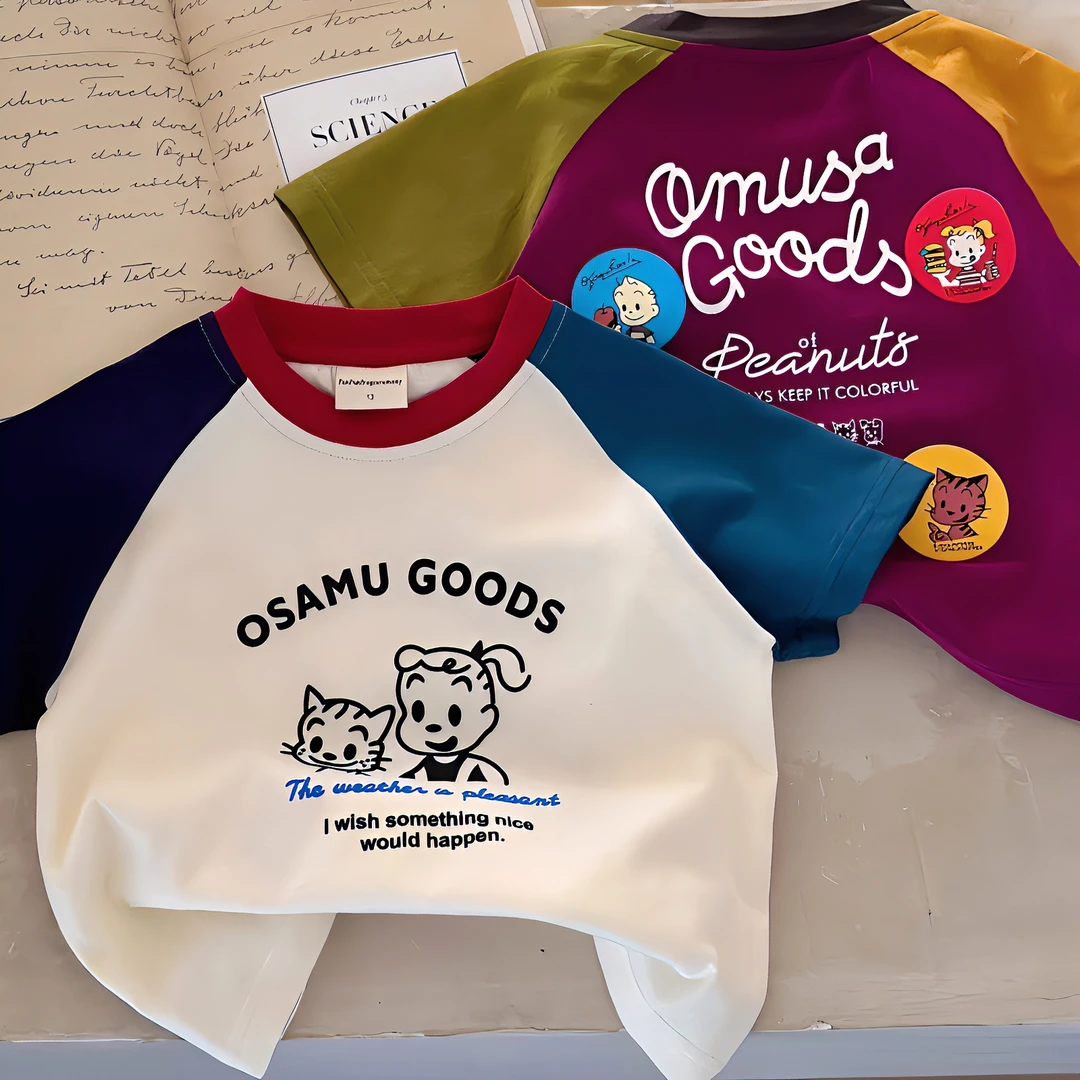 韩版儿童圆领短袖t恤夏装撞色卡通印花男童女童宝宝拼接洋气拼色