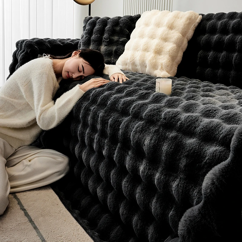 网红撸猫感兔毛绒沙发垫冬季加厚保暖皮沙发套罩2025新款盖布毯巾