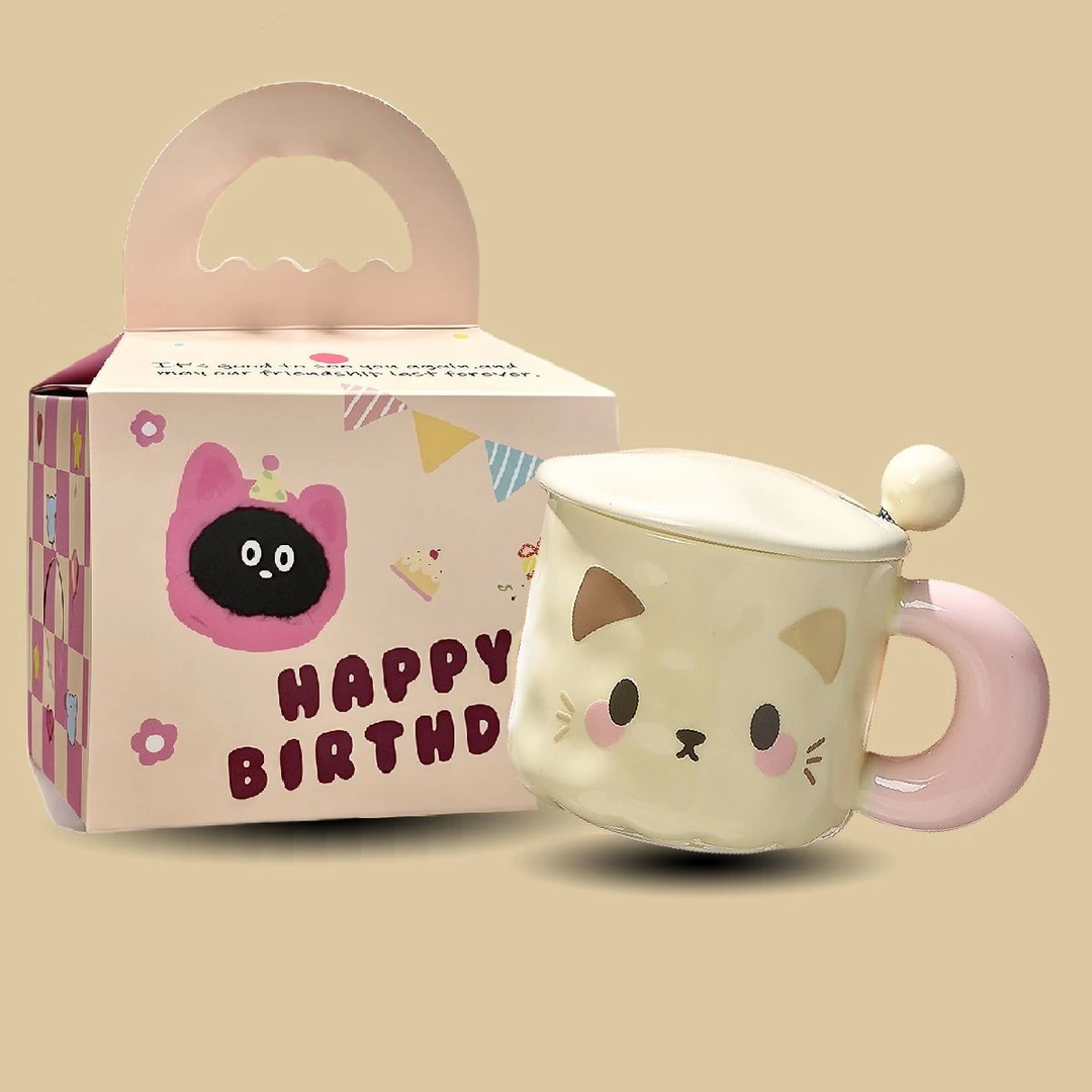 可爱奶fufu小猫马克杯带盖陶瓷水杯送女日礼物高颜值有意义礼品G3