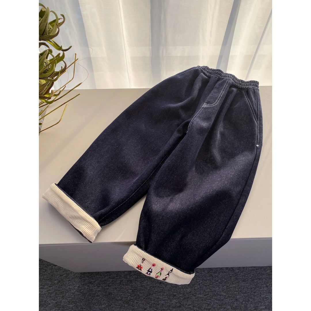 男童加绒牛仔裤中大童2024冬装新款加厚原色牛仔长裤直筒MMK84805