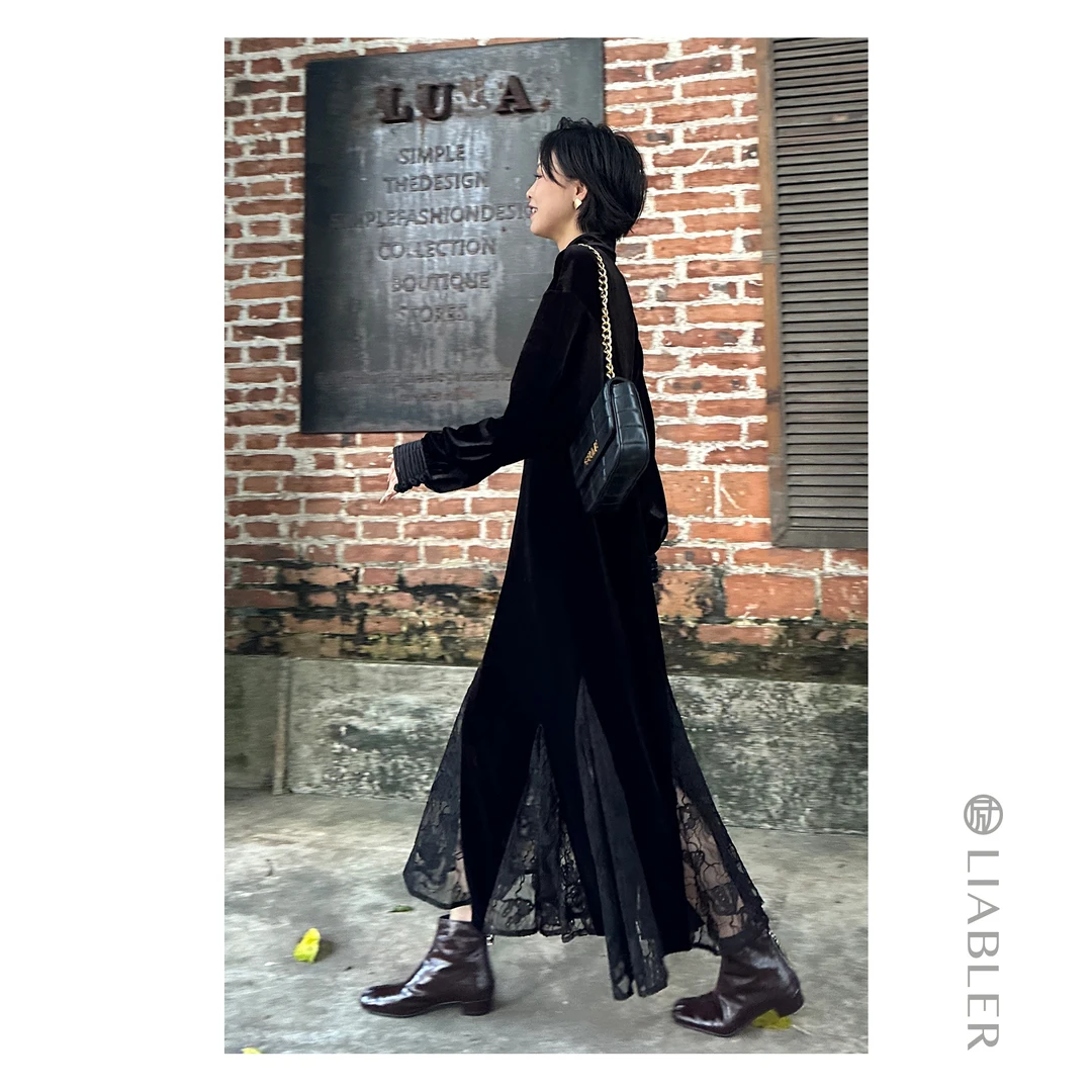 LIABLER/励【浮游自若】2024秋冬丝绒鱼尾蕾丝连衣裙 LAW24257D