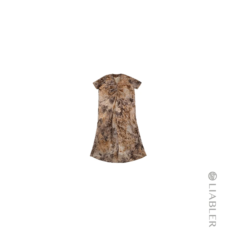 LIABLER/励【百草霜】25春夏度假休闲V领打褶连衣裙 LSS241061D