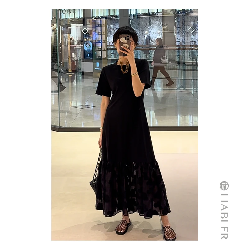 LIABLER/励【墨花流光】2024早春撞料拼接立体提花连衣裙 LSS24819D