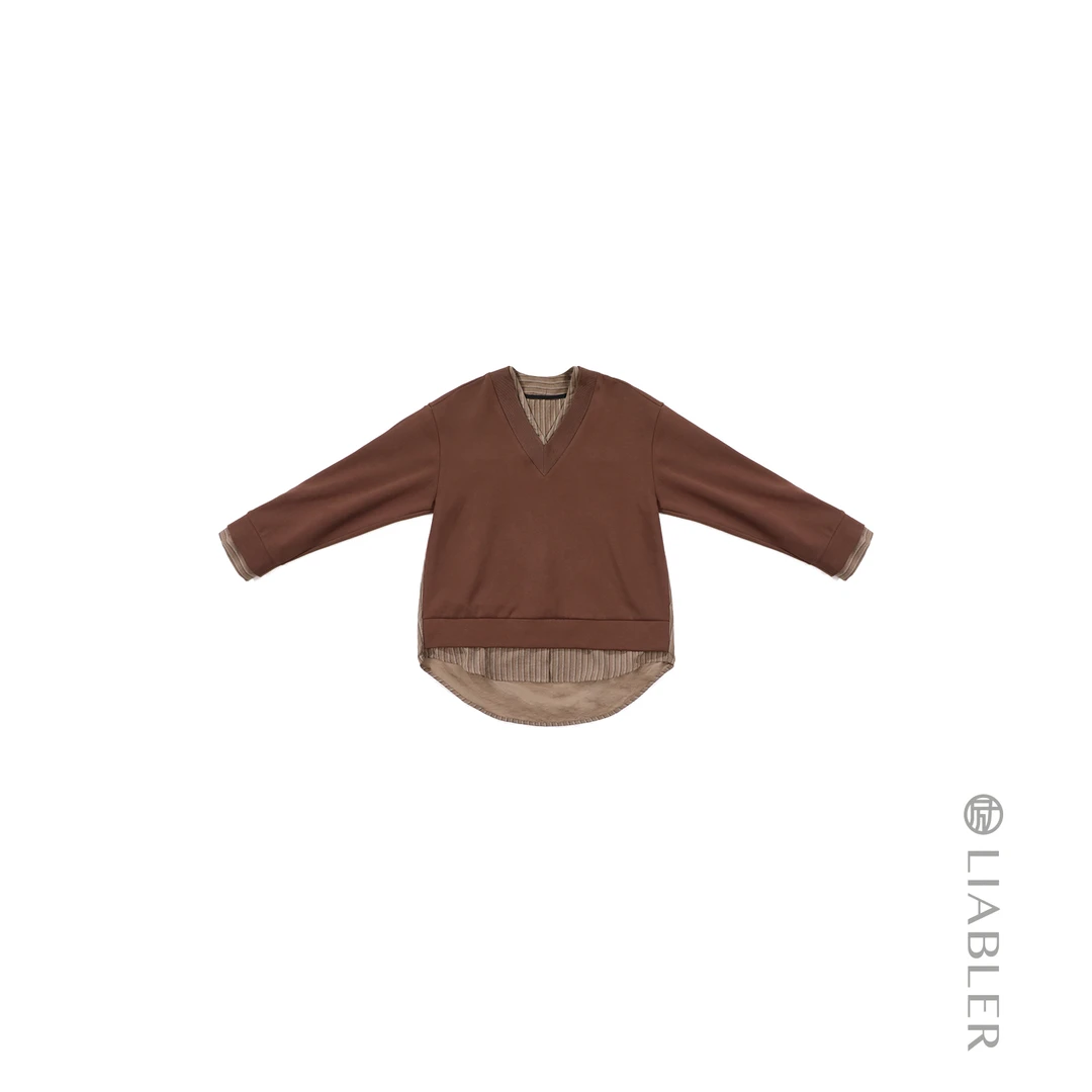 LIABLER/励【云雨寄诗】2024秋冬条纹假两件V领长袖上衣 LAW24133J