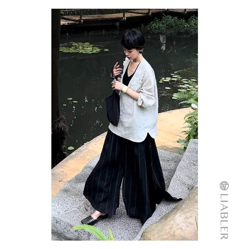 LIABLER/励【条纹主义】2025春夏亚麻裙裤条纹高裤裙 LSS24966T