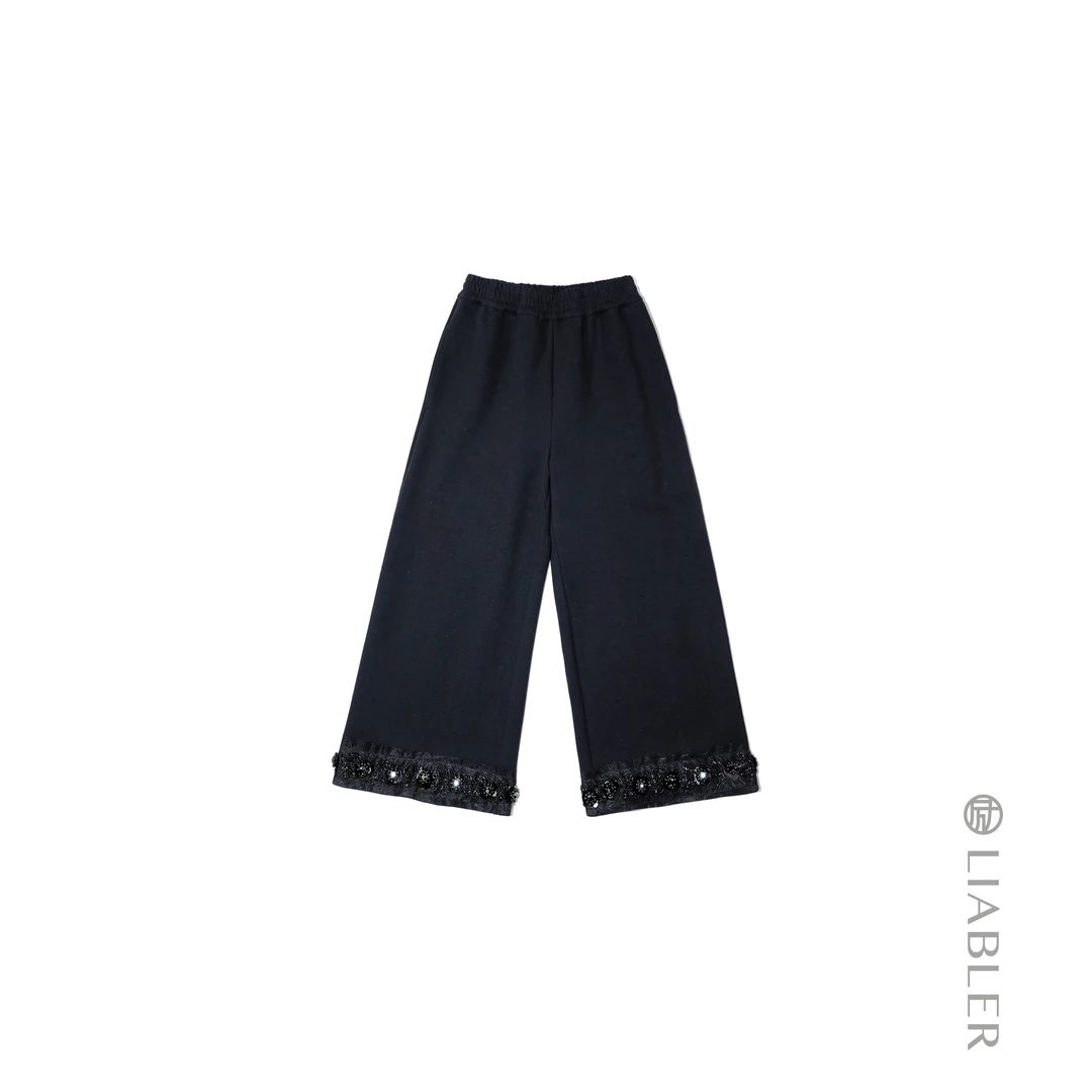 LIABLER/励 D25早秋珠片绣松紧腰黑色中式裤 LAW243185T